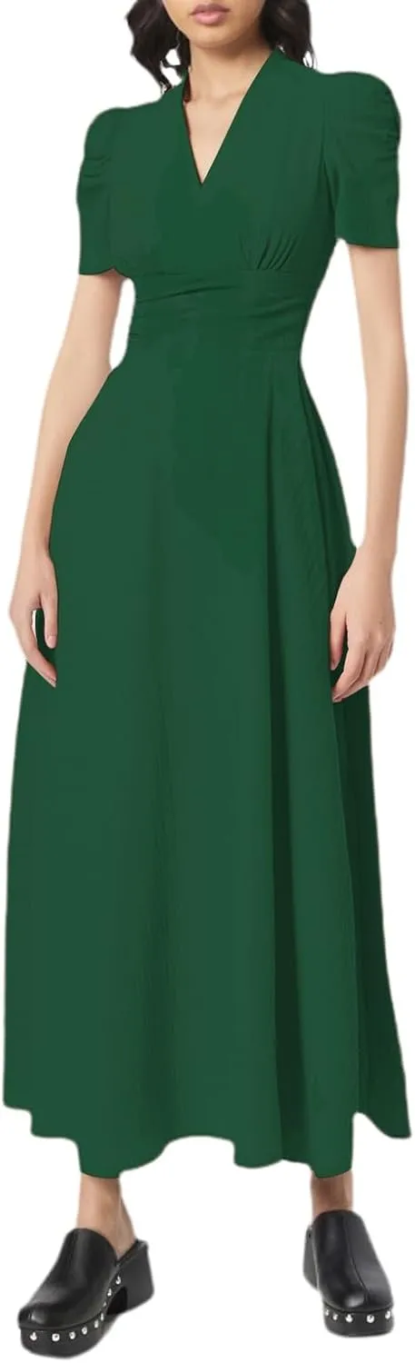 Women's Short Flutter Sleeve Dress High Waist V Neck Puff Sleeve Wedding Guest Pleated Formal Evening Maxi Dresses