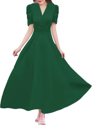 Women's Short Flutter Sleeve Dress High Waist V Neck Puff Sleeve Wedding Guest Pleated Formal Evening Maxi Dresses