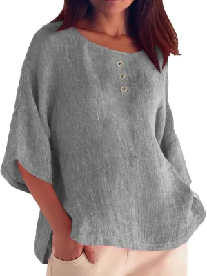 Women's Short Sleeve Linen Shirt Casual V Neck Fashion T Shirts Floral Print Loose Fit Summer Tshirts