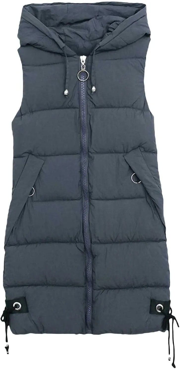Women's Sleeveless Long Jacket 2023 Fashion Simple Solid Color Puffer Hooded Vest Winter Full-Zipper Packable Down Jackets