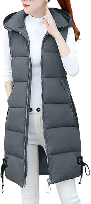 Women's Sleeveless Long Jacket 2023 Fashion Simple Solid Color Puffer Hooded Vest Winter Full-Zipper Packable Down Jackets