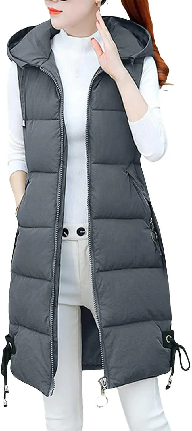 Women's Sleeveless Long Jacket 2023 Fashion Simple Solid Color Puffer Hooded Vest Winter Full-Zipper Packable Down Jackets