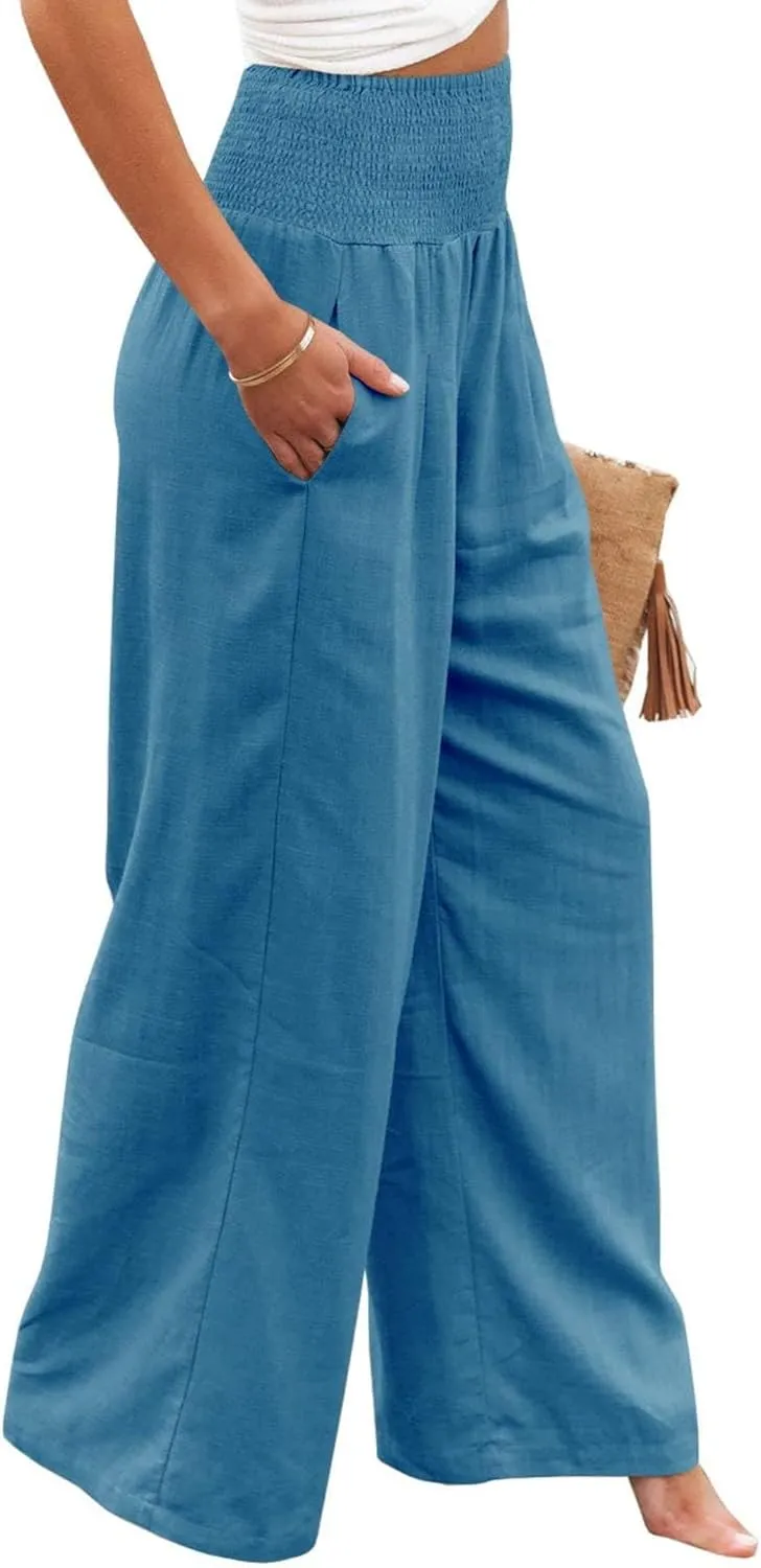 Women's Spring Summer Linen Pants Cool Wide Leg Pants Casual High Waisted Palazzo Pants Lounge Trousers with Pockets