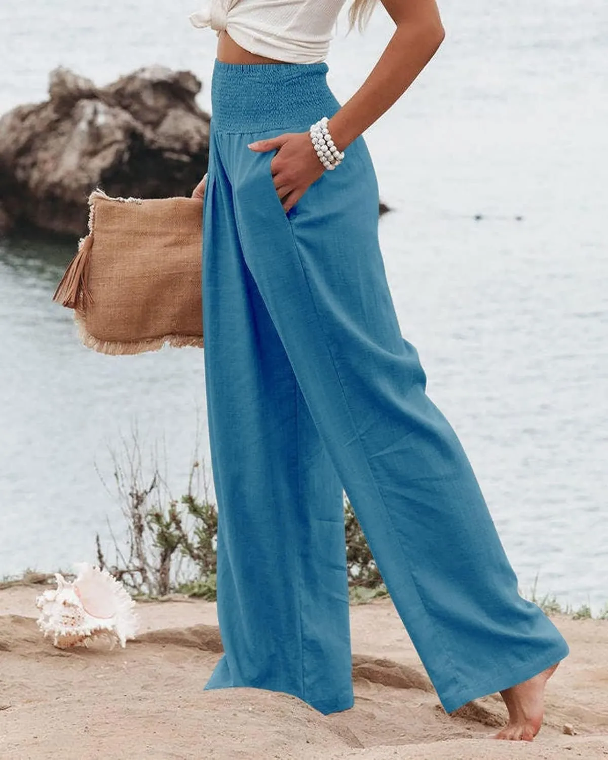 Women's Spring Summer Linen Pants Cool Wide Leg Pants Casual High Waisted Palazzo Pants Lounge Trousers with Pockets