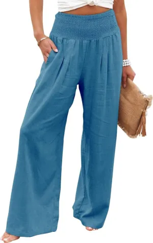 Women's Spring Summer Linen Pants Cool Wide Leg Pants Casual High Waisted Palazzo Pants Lounge Trousers with Pockets