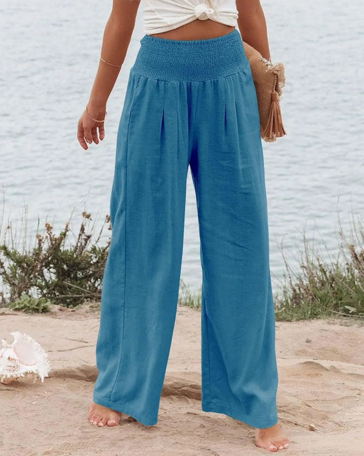 Women's Spring Summer Linen Pants Cool Wide Leg Pants Casual High Waisted Palazzo Pants Lounge Trousers with Pockets
