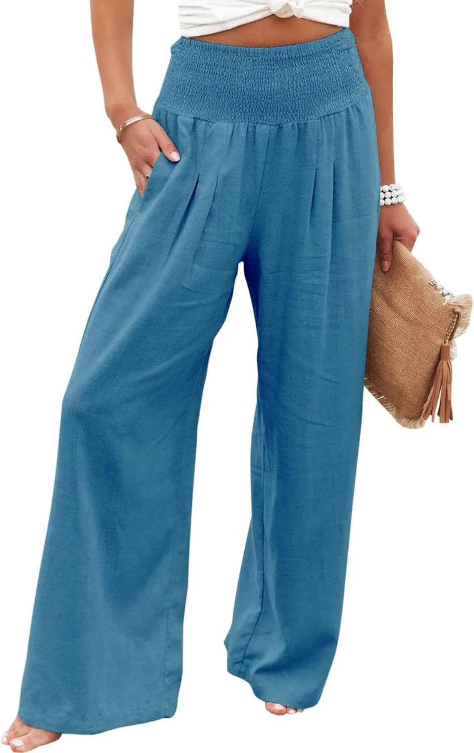 Women's Spring Summer Linen Pants Cool Wide Leg Pants Casual High Waisted Palazzo Pants Lounge Trousers with Pockets