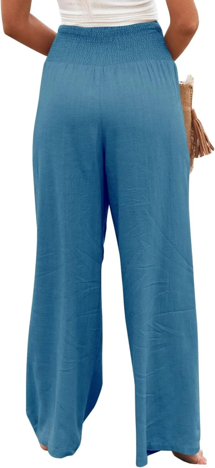 Women's Spring Summer Linen Pants Cool Wide Leg Pants Casual High Waisted Palazzo Pants Lounge Trousers with Pockets