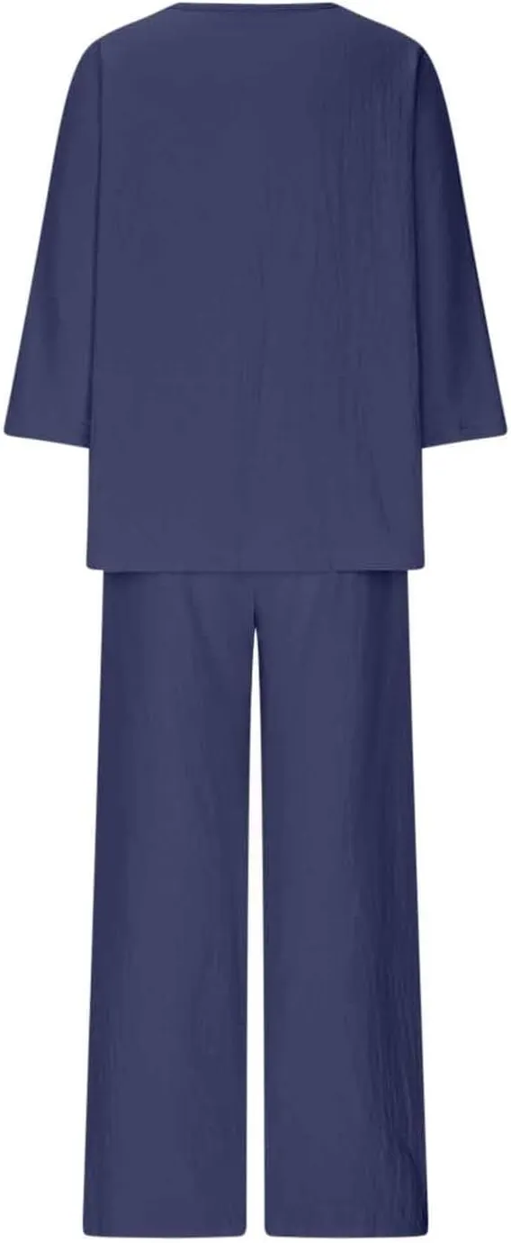 Women's Summer 2 Piece Outfits Cotton Linen Matching Sets Loose V Neck Tops Wide Leg Pants Lounge Sets Travel Outfits