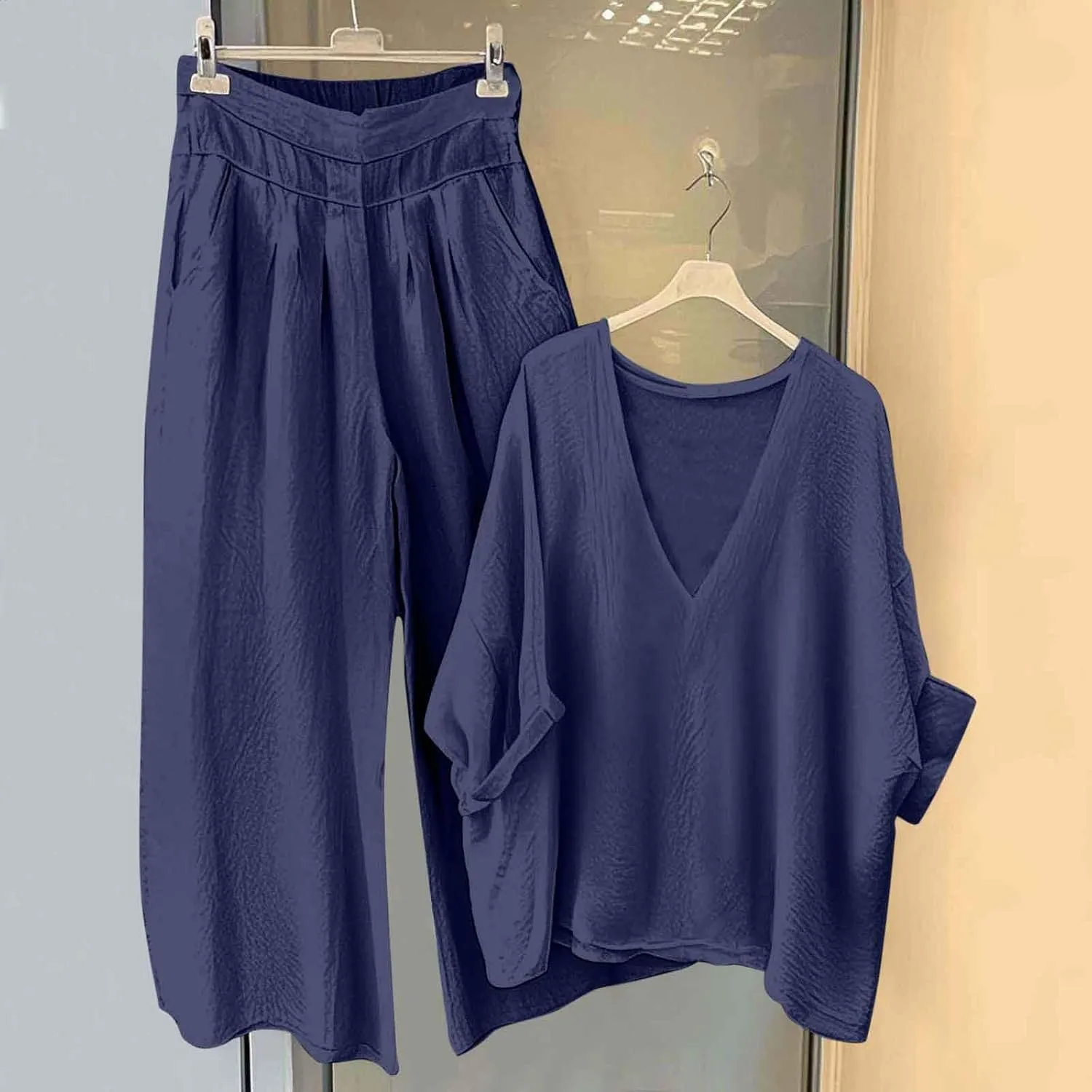 Women's Summer 2 Piece Outfits Cotton Linen Matching Sets Loose V Neck Tops Wide Leg Pants Lounge Sets Travel Outfits