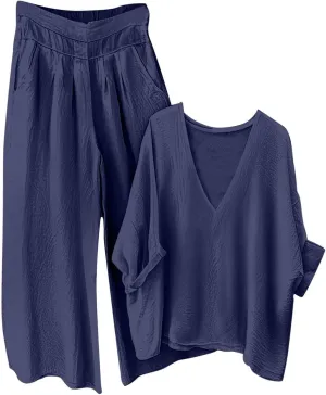 Women's Summer 2 Piece Outfits Cotton Linen Matching Sets Loose V Neck Tops Wide Leg Pants Lounge Sets Travel Outfits