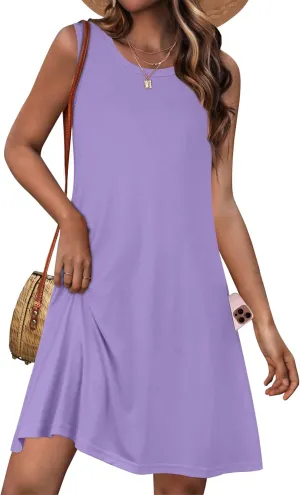 Womens Summer Dresses Casual Sleeveless Tshirt Sundress Beach Cover Up with Pockets Loose Tank Dress