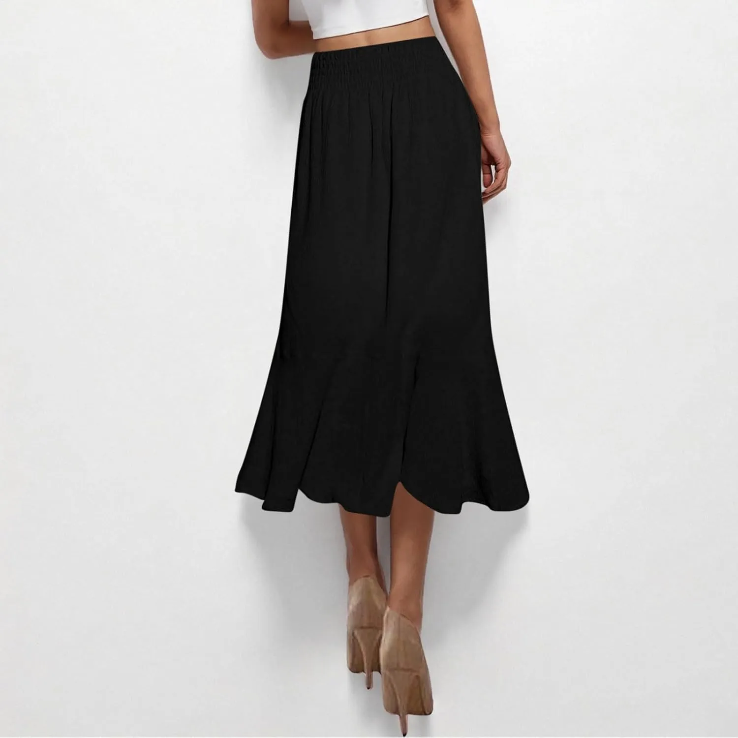 Womens Summer Maxi Skirt Casual Drawstring High Waist Button Slit Front Pleated A-Line Flowy Swing Beach Skirts