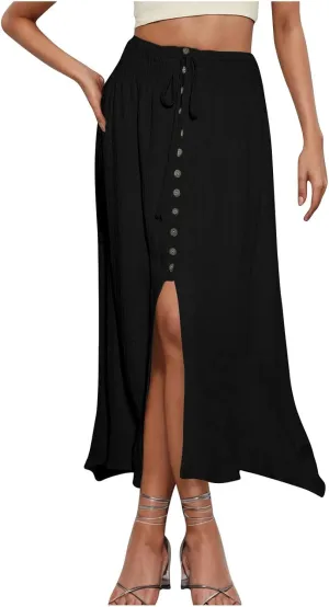 Womens Summer Maxi Skirt Casual Drawstring High Waist Button Slit Front Pleated A-Line Flowy Swing Beach Skirts