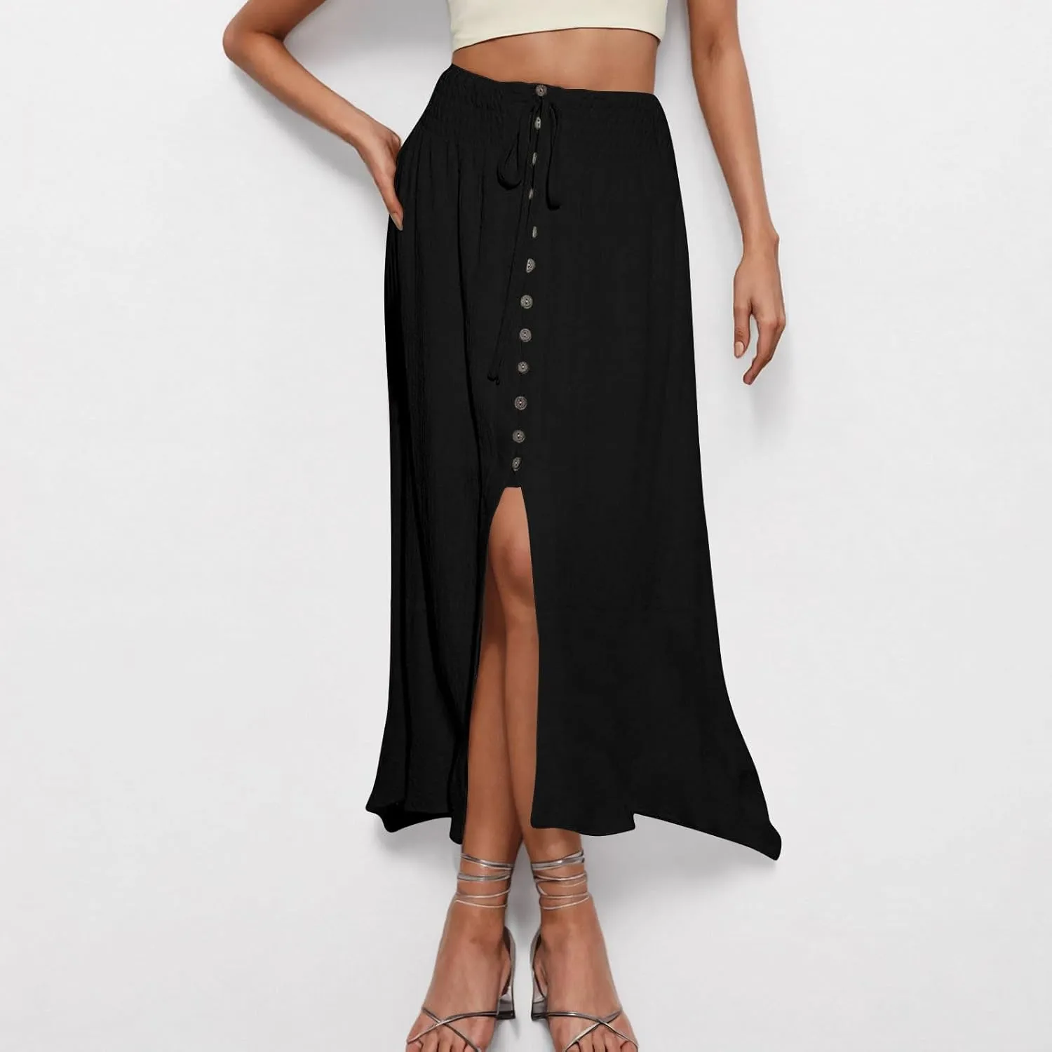 Womens Summer Maxi Skirt Casual Drawstring High Waist Button Slit Front Pleated A-Line Flowy Swing Beach Skirts