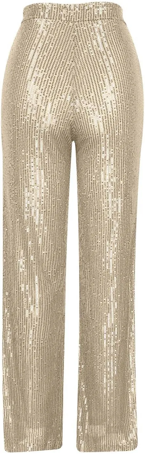 Women's Summer Wide Leg Pants Casual Sequins High Waisted Palazzo Pants Fashion Dressy Elegant Flowy Trousers