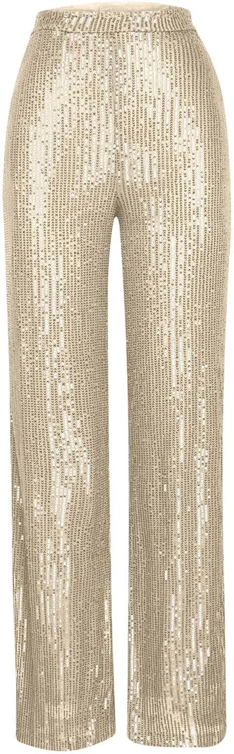 Women's Summer Wide Leg Pants Casual Sequins High Waisted Palazzo Pants Fashion Dressy Elegant Flowy Trousers