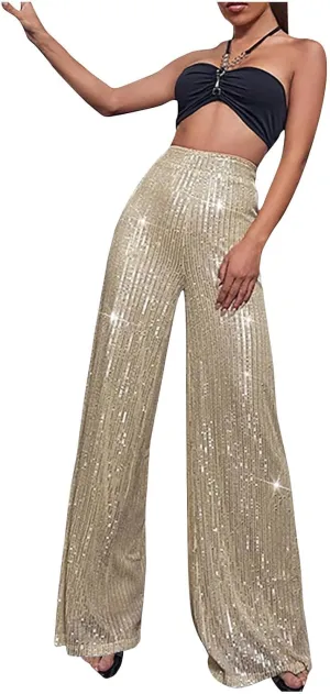 Women's Summer Wide Leg Pants Casual Sequins High Waisted Palazzo Pants Fashion Dressy Elegant Flowy Trousers