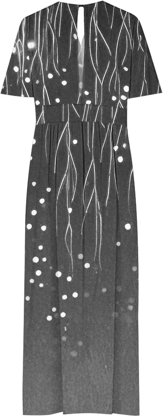 Womens Summer Wrap Maxi Dress Casual Boho Floral V Neck Short Sleeve Plus Size Hem Split Beach Long Dresses