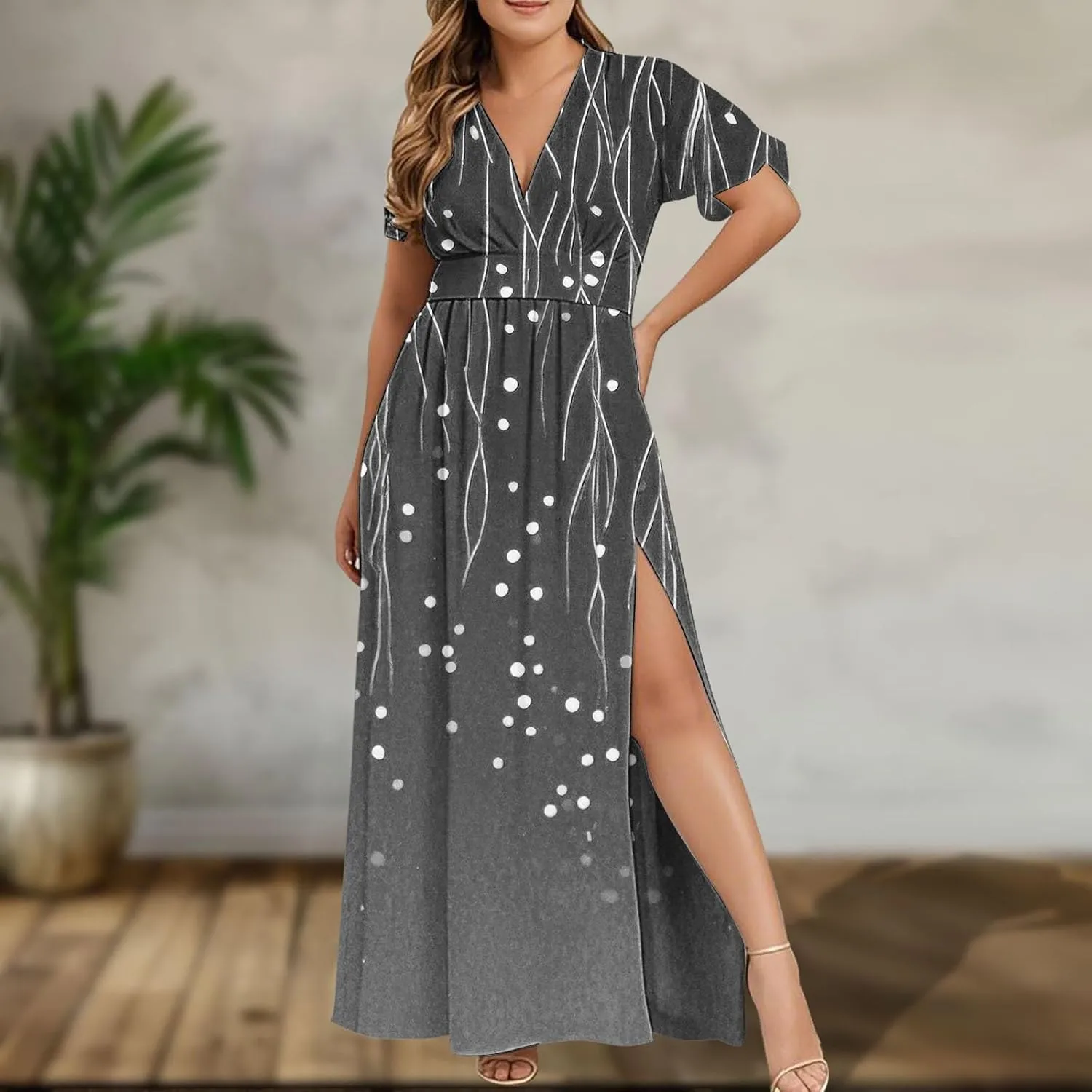Womens Summer Wrap Maxi Dress Casual Boho Floral V Neck Short Sleeve Plus Size Hem Split Beach Long Dresses