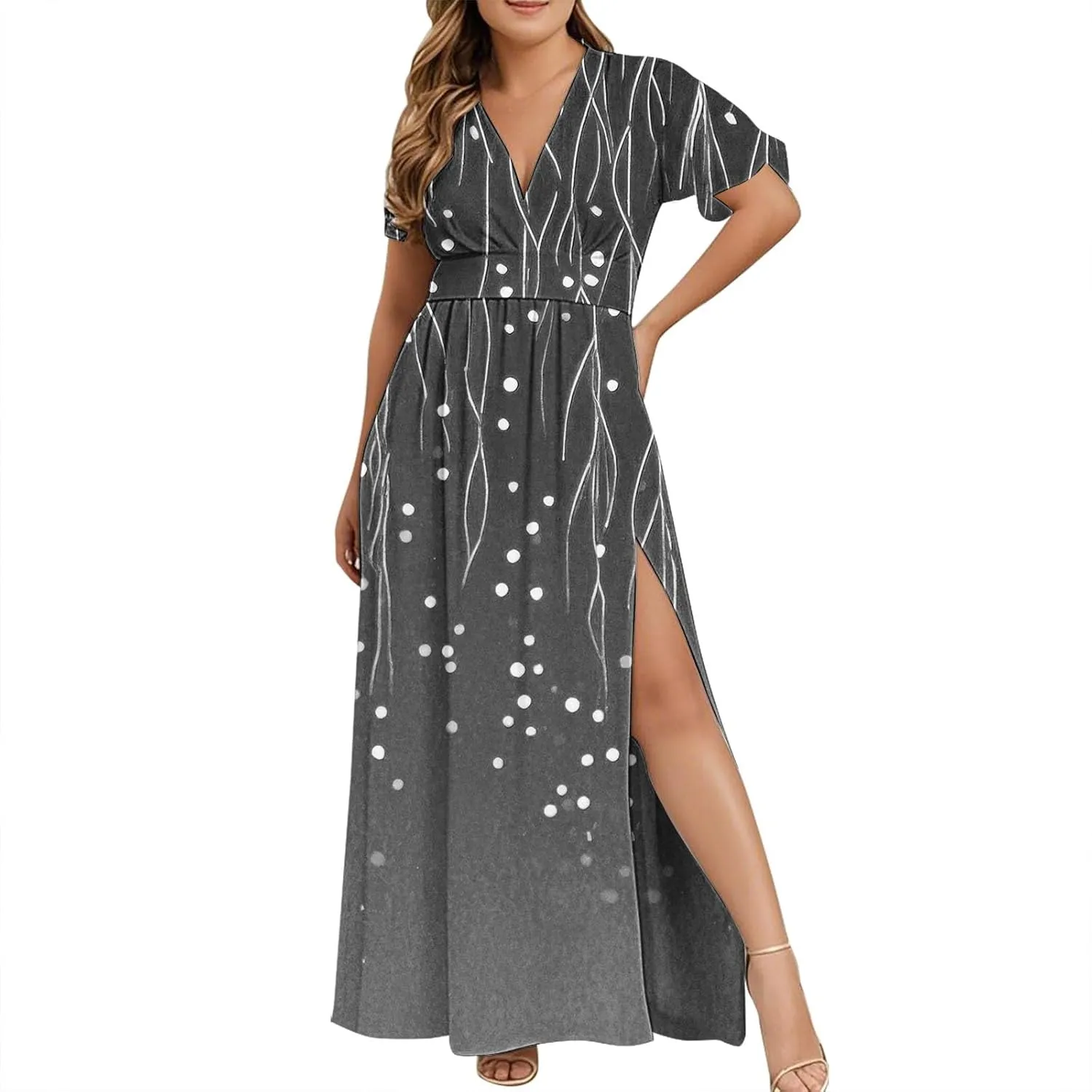 Womens Summer Wrap Maxi Dress Casual Boho Floral V Neck Short Sleeve Plus Size Hem Split Beach Long Dresses