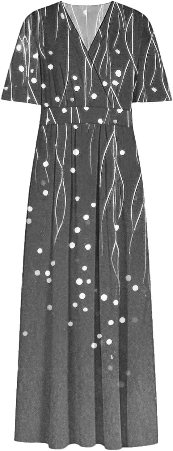 Womens Summer Wrap Maxi Dress Casual Boho Floral V Neck Short Sleeve Plus Size Hem Split Beach Long Dresses