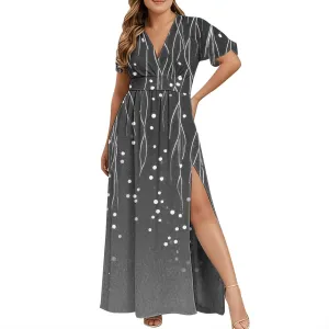 Womens Summer Wrap Maxi Dress Casual Boho Floral V Neck Short Sleeve Plus Size Hem Split Beach Long Dresses