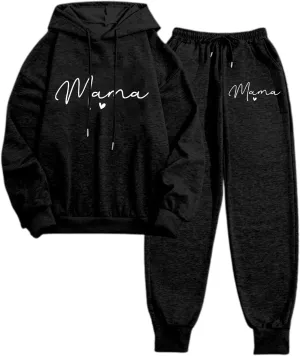 Womens Sweatsuits 2 Piece Lounge Set Mama Heart Print Hooded Sweatshirt Jogger Sweatpants Tracksuit with Pockets