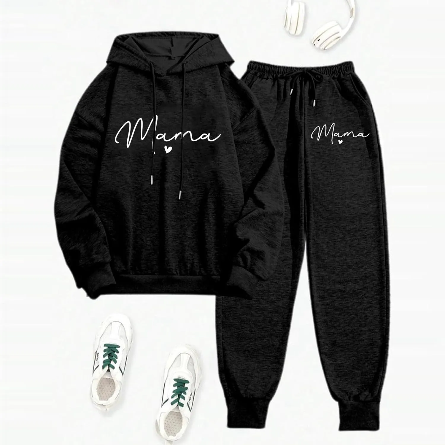 Womens Sweatsuits 2 Piece Lounge Set Mama Heart Print Hooded Sweatshirt Jogger Sweatpants Tracksuit with Pockets