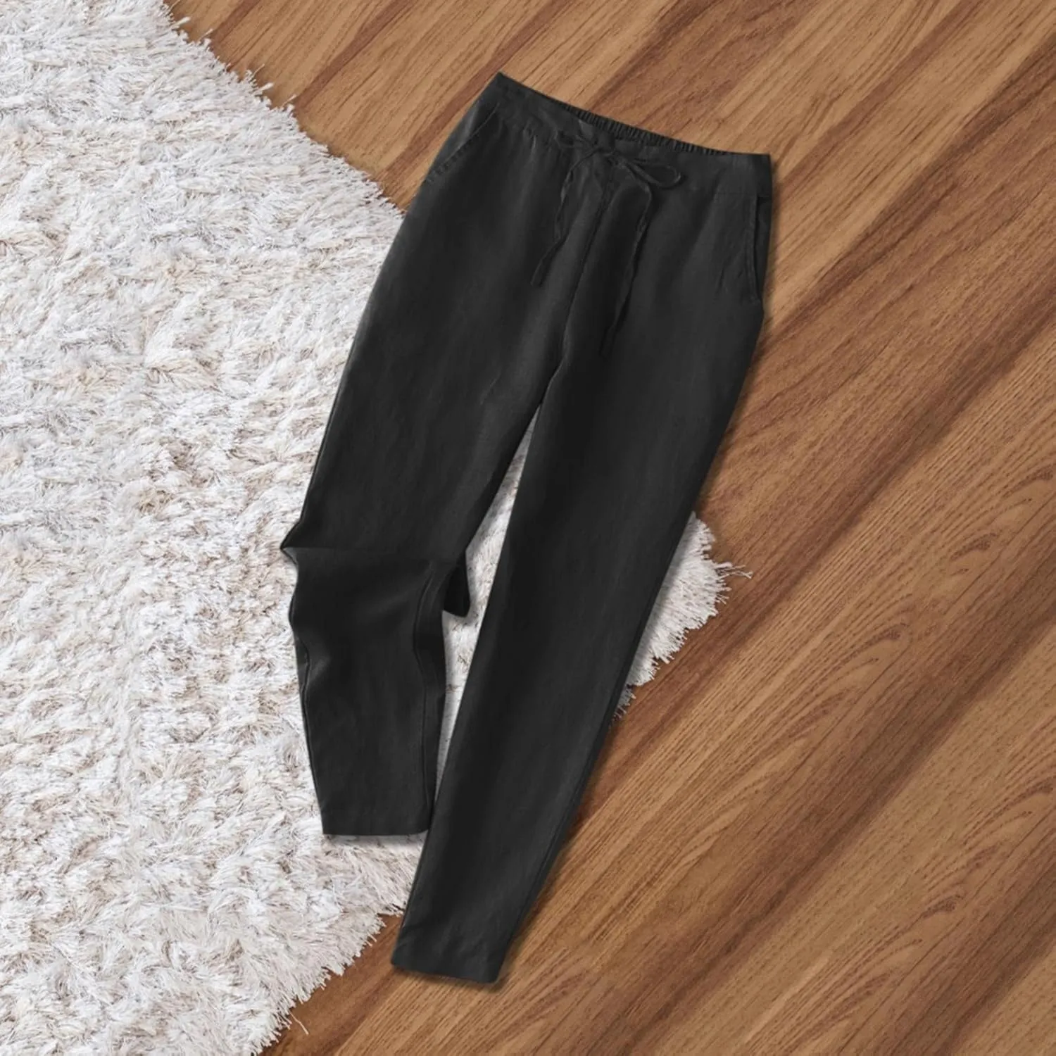 Women's Tapered Linen Pants Casual Straight Leg Drawstring Elastic Waist Pant Summer Loose Comfy Lounge Trousers