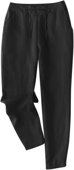 Women's Tapered Linen Pants Casual Straight Leg Drawstring Elastic Waist Pant Summer Loose Comfy Lounge Trousers