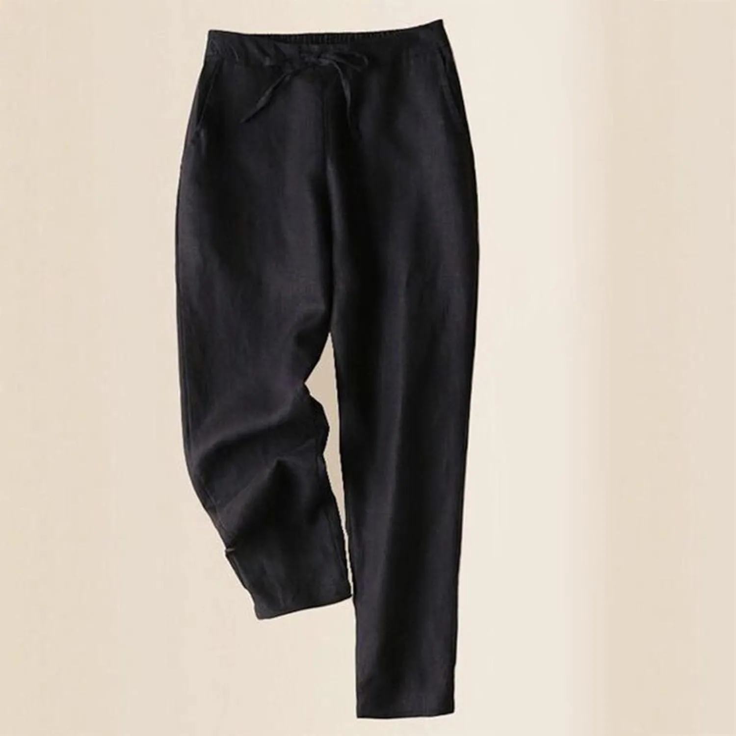 Women's Tapered Linen Pants Casual Straight Leg Drawstring Elastic Waist Pant Summer Loose Comfy Lounge Trousers