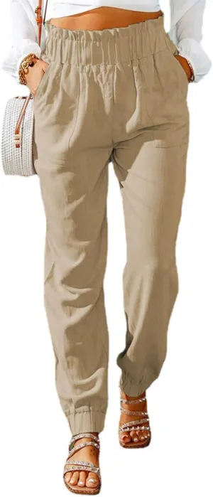 Womens Tapered Pants Summer Stretchy Ruffle High Waisted Pant Business Casual Solid Harem Pants Trousers with Pockets