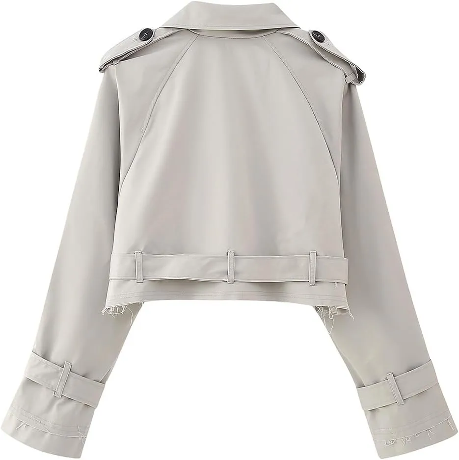Women's Trench Coats Cropped Long Sleeve Classic Lapel Double Breasted Jacket Coat Outwear with Belt