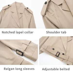 Women's Trench Coats Cropped Long Sleeve Classic Lapel Double Breasted Jacket Coat Outwear with Belt