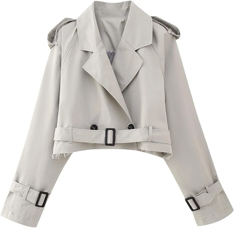 Women's Trench Coats Cropped Long Sleeve Classic Lapel Double Breasted Jacket Coat Outwear with Belt