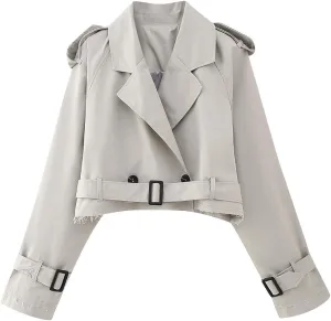 Women's Trench Coats Cropped Long Sleeve Classic Lapel Double Breasted Jacket Coat Outwear with Belt
