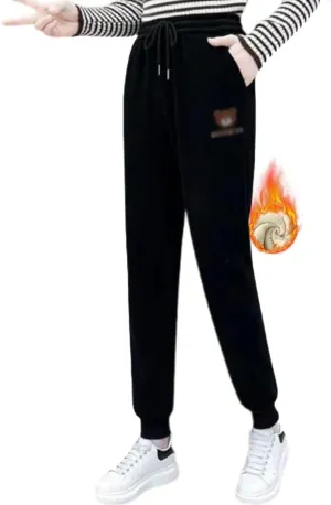 Women's Warm Plush Corduroy Jogger Pants Winter Women's Fleece Lined Elastic High Waist Straight Sweatpants