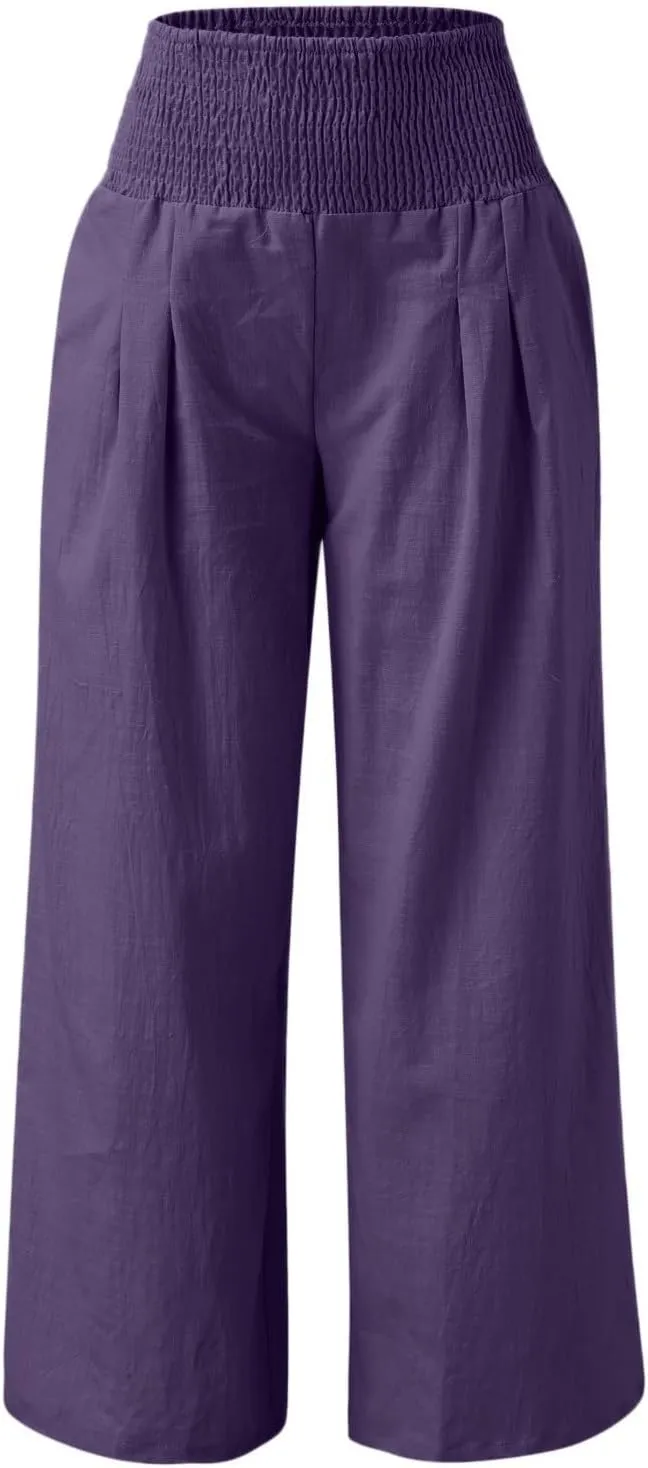 Womens Wide Leg Pants Linen Palazzo Pants Summer Boho Lounge Pant 2025 High Waist Beach Pants with Pocket