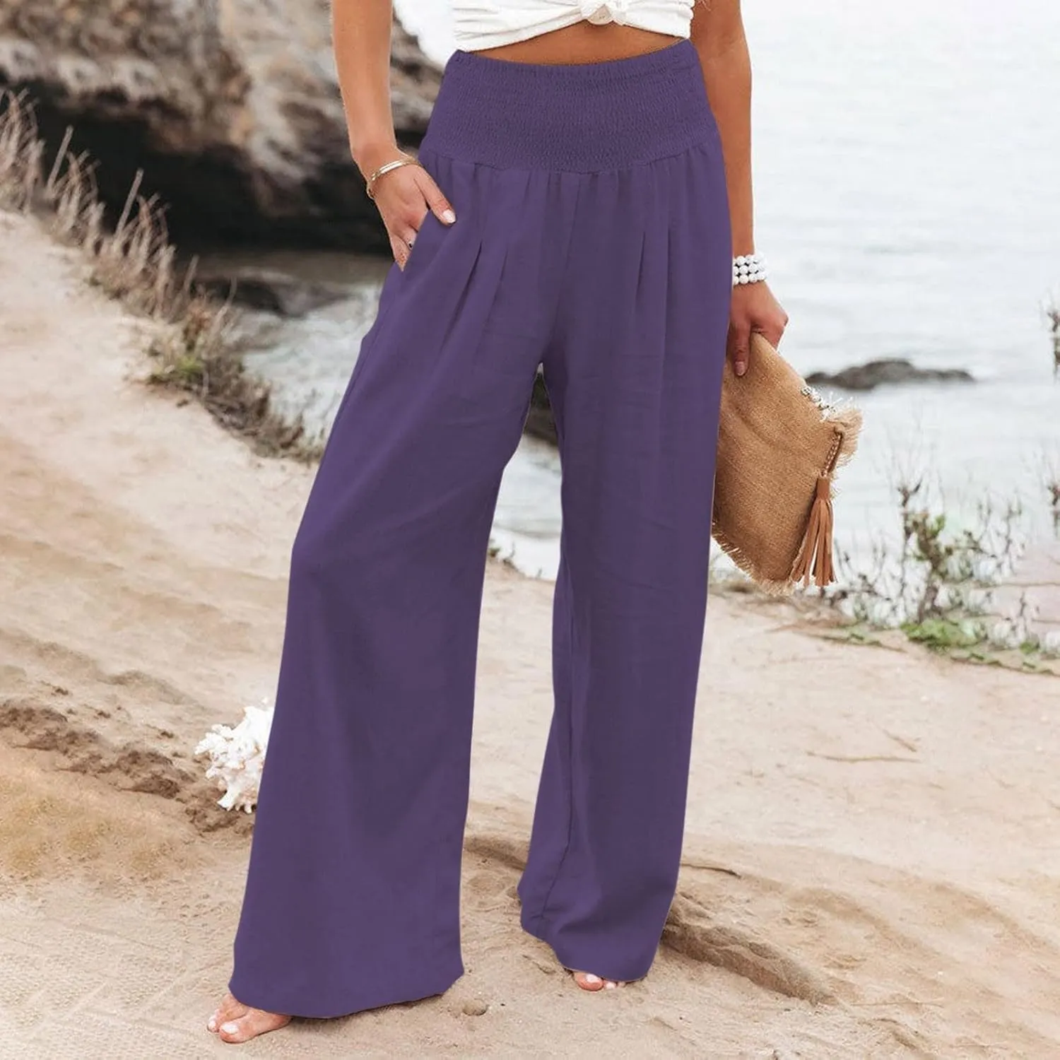 Womens Wide Leg Pants Linen Palazzo Pants Summer Boho Lounge Pant 2025 High Waist Beach Pants with Pocket
