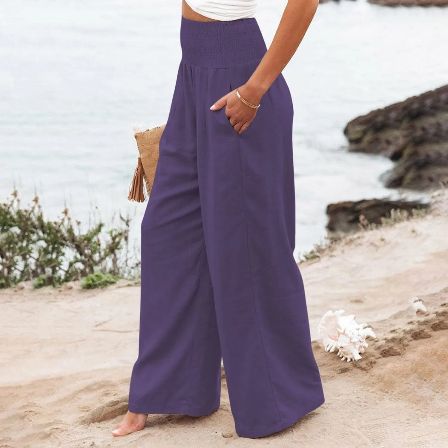 Womens Wide Leg Pants Linen Palazzo Pants Summer Boho Lounge Pant 2025 High Waist Beach Pants with Pocket