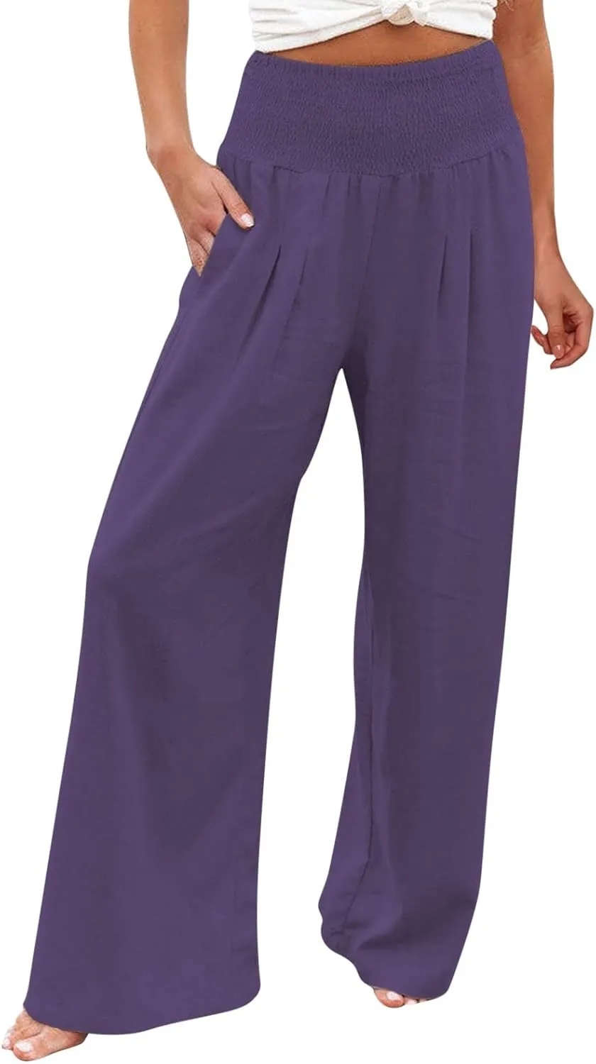 Womens Wide Leg Pants Linen Palazzo Pants Summer Boho Lounge Pant 2025 High Waist Beach Pants with Pocket