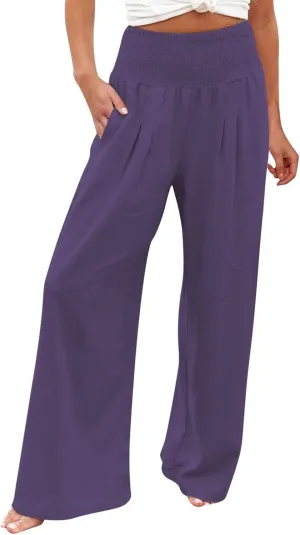Womens Wide Leg Pants Linen Palazzo Pants Summer Boho Lounge Pant 2025 High Waist Beach Pants with Pocket