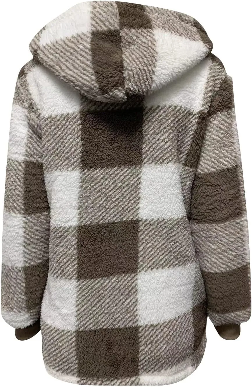 Womens Winter Jackets Plus Size Zip Up Soft Plush Hoodies Sherpa Cardigan Plaid Packable Coats With Pockets Clothes