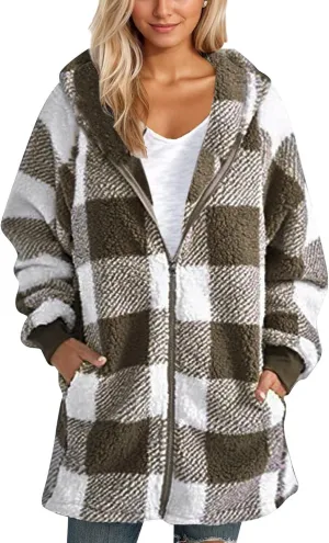 Womens Winter Jackets Plus Size Zip Up Soft Plush Hoodies Sherpa Cardigan Plaid Packable Coats With Pockets Clothes