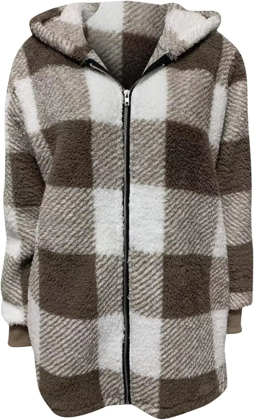 Womens Winter Jackets Plus Size Zip Up Soft Plush Hoodies Sherpa Cardigan Plaid Packable Coats With Pockets Clothes