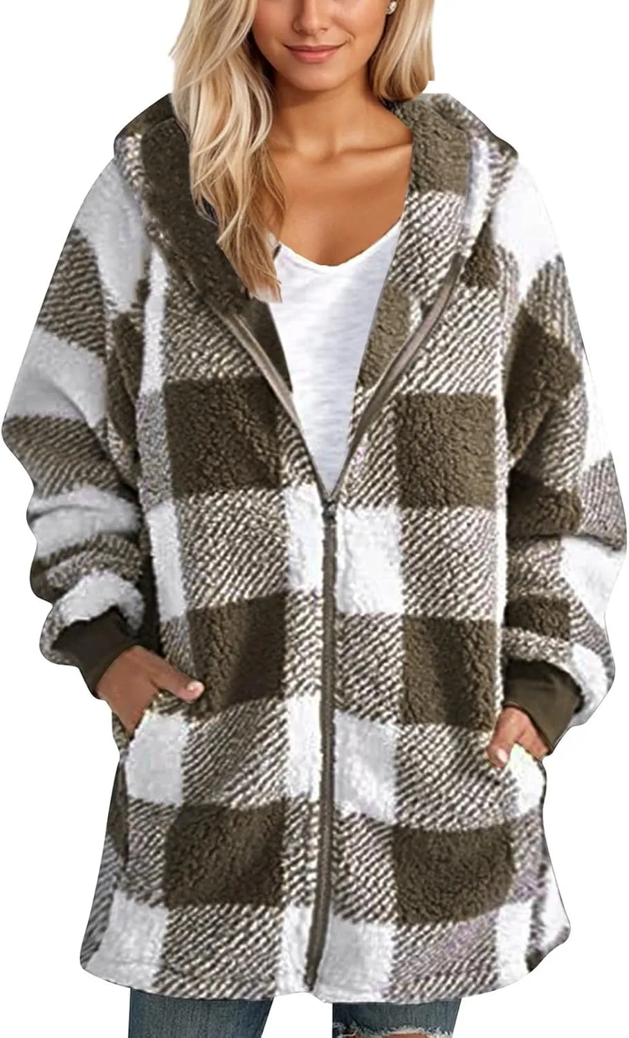 Womens Winter Jackets Plus Size Zip Up Soft Plush Hoodies Sherpa Cardigan Plaid Packable Coats With Pockets Clothes