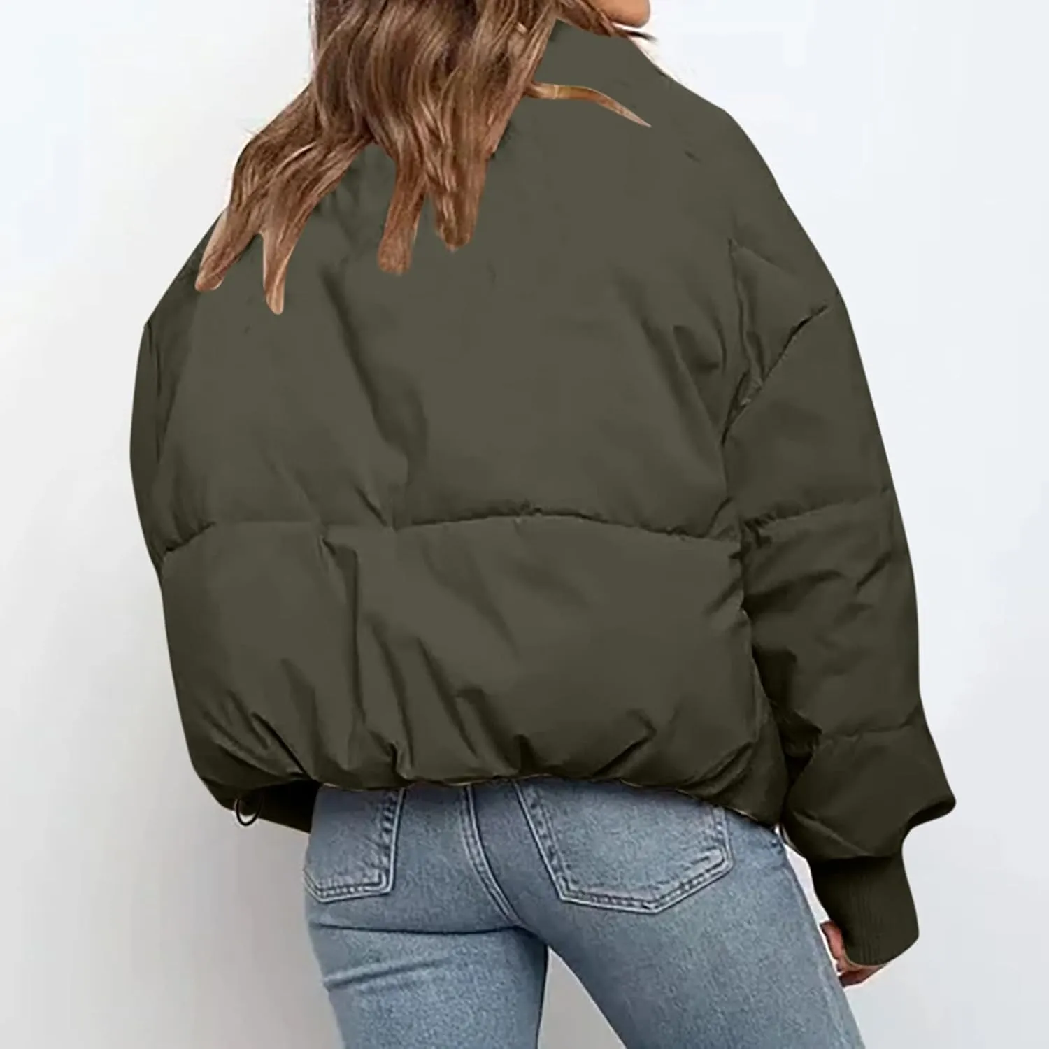 Women's Winter Short Puffer Down Jacket Coat Ladies Fashion Solid Long Sleeve Full Zipper Baggy Padded Outerwear