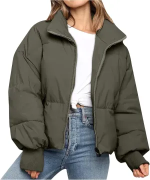 Women's Winter Short Puffer Down Jacket Coat Ladies Fashion Solid Long Sleeve Full Zipper Baggy Padded Outerwear