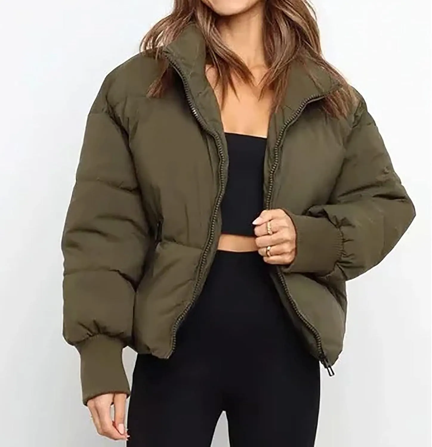 Women's Winter Short Puffer Down Jacket Coat Ladies Fashion Solid Long Sleeve Full Zipper Baggy Padded Outerwear